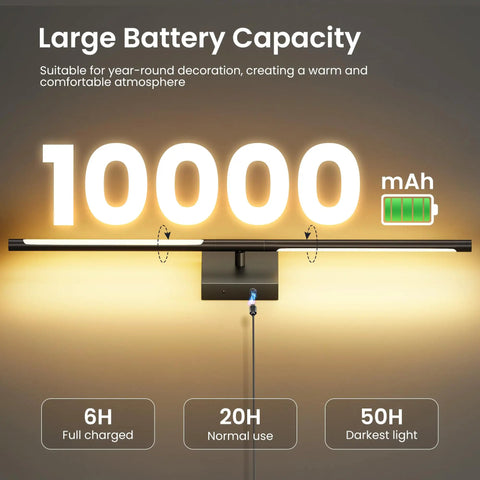 Rock Solid Rechargeable Wall Lights With 10000 Mah Battery Running Thirty To Fifty Hours On Single Charge Twenty Nine Inch Black Frame displayed with bright glow and battery indicators.