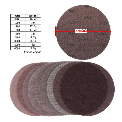 Top Shelf Nine Inch Mesh Sanding Discs With Hook And Loop Backing For Random Orbit Sanders Dust Free Anticlogging Polishing Paper 80 To 600 Grit Set shown with grit chart.