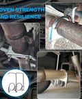 Must Have Universal 2.5 Inch Exhaust Clamp With Hanger Kit for Cars Trucks and SUVs shown mounted on exhaust pipes.
