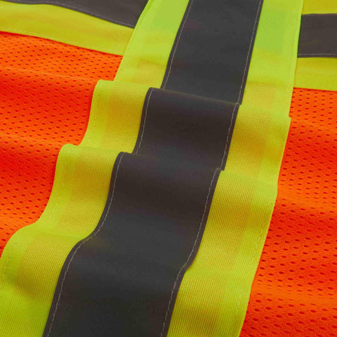 Close-up of Heavy Duty Neon Orange Mesh Safety Vest With Seven Pockets And 3M Reflective Tape showcasing reflective strips.