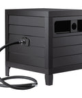 Heavy Duty Metal Garden Hose Reel Deck Box With Durable Steel Storage Cabinet Holds 150 Ft Of Five Eighths Inch Hose Manual Rewind Guide And No Leak Aluminum Water Connections shown closed with hose looped outside