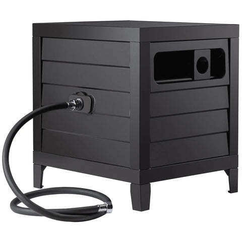 Heavy Duty Metal Garden Hose Reel Deck Box With Durable Steel Storage Cabinet Holds 150 Ft Of Five Eighths Inch Hose Manual Rewind Guide And No Leak Aluminum Water Connections shown closed with hose looped outside