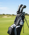 Golf bag on course with Two Pack Golf Ball Storage Bags Nylon Mesh Pouches With Drawstring Organizer attached