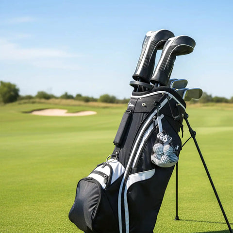 Golf bag on course with Two Pack Golf Ball Storage Bags Nylon Mesh Pouches With Drawstring Organizer attached