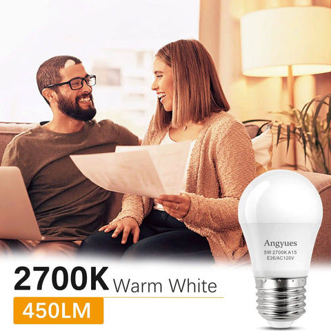 Smiling couple with documents beside 40W Equivalent A15 LED Bulb 120V Warm White 2700K Energy Saving E26 Base Pack of 4