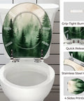 Toilet Seat Round Resin for Bathroom with green forest design, fits standard toilets, features quick release and stainless steel hinges.