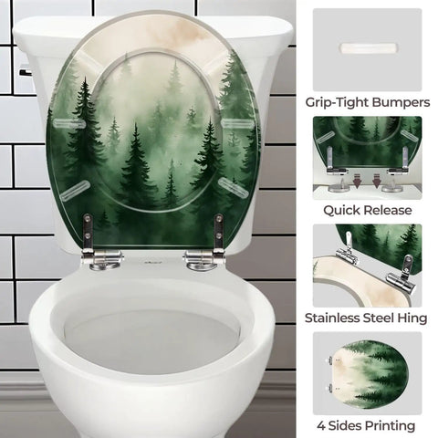 Toilet Seat Round Resin for Bathroom with green forest design, fits standard toilets, features quick release and stainless steel hinges.