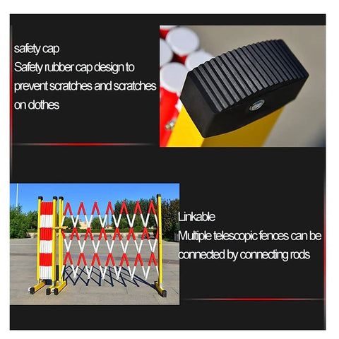 Rock Solid Expandable Safety Fence Gate With Swivel Casters Adjustable Scissor Barricade For Busy Job Sites showing safety cap and linkable design.