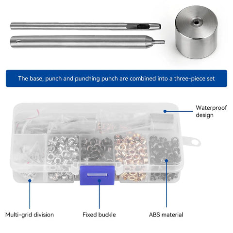 All In One Grommets And Eyelets Kit For Leather Craft And Sewing 420 Pcs 3mm Grommets With One Eighth Inch Size Includes Three Hand Tools Washer Set Eyelet Setter Perfect For Shoes Bags Clothing And DIY Projects showing tool and organized storage box.