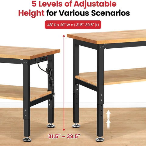 Top Shelf 48 Inch Adjustable Workbench With Thick Rubberwood Top And Knockout Steel Frame Including Pegboard Storage Rack Plus Built In Power Outlet For Weekend Woodworking