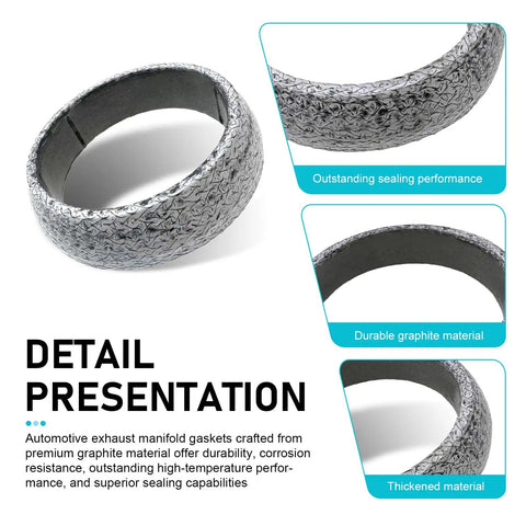 Top Rated Two Pack Exhaust Manifold Gasket Kits Featuring Rock Solid Graphite Construction And Dead Stop Leak Protection For All Domestic Cars Trucks Rvs And Jeeps, close-up view of thickened graphite gasket.