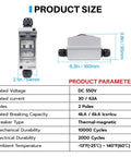 Rock Solid Solar Panel Disconnect Switch With 30 Amp And 550 VDC Rating Featuring IP65 Weatherproof Outdoor Enclosure sizes and specifications.
