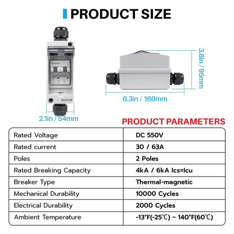 Rock Solid Solar Panel Disconnect Switch With 30 Amp And 550 VDC Rating Featuring IP65 Weatherproof Outdoor Enclosure sizes and specifications.