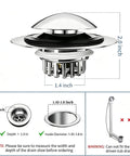 Bathtub Drain Stopper Pop-Up Tub Stopper Hair Catcher, 2-inch chrome finish with hair catcher, showcasing dimensions.