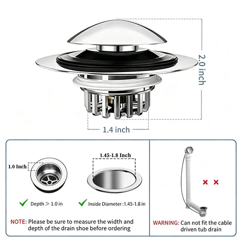 Bathtub Drain Stopper Pop-Up Tub Stopper Hair Catcher, 2-inch chrome finish with hair catcher, showcasing dimensions.