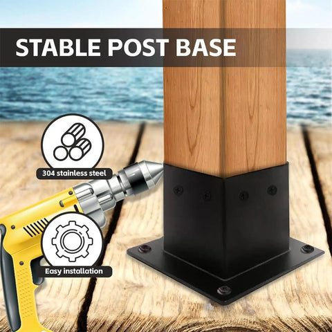 4x4 Post Base Bracket Two Pack, With Preinstalled Fasteners For Easy No Tool Assembly, shown installed on wooden deck.