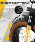 Electric Tricycle For Adults With Beast 1350W Motor, 48V 15.6Ah Battery, 20x4 Fat Tire Folding Trike, 3 Wheel Ebike, Up To 20 MPH, Differential Drive, Rugged Brown And Black Finish front wheel and suspension close-up