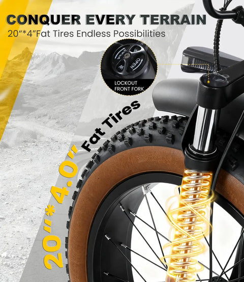 Electric Tricycle For Adults With Beast 1350W Motor, 48V 15.6Ah Battery, 20x4 Fat Tire Folding Trike, 3 Wheel Ebike, Up To 20 MPH, Differential Drive, Rugged Brown And Black Finish front wheel and suspension close-up