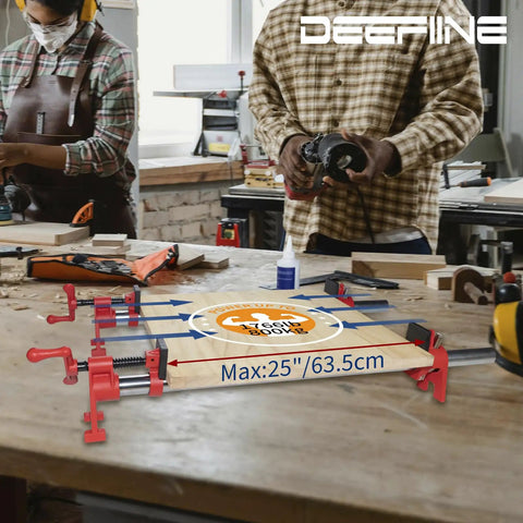 Heavy Duty Three Quarter Inch Pipe Clamps Set With Thirty Inch Pipe Two Pack Cast Iron Clamp Fixtures on a workbench