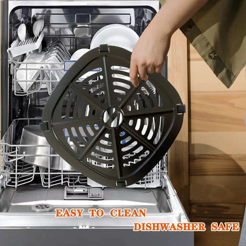 Person holding a Premium Air Fryer Crisper Tray For Dash Mini 2.6 Qt above a dishwasher, showcasing dishwasher-safe feature.