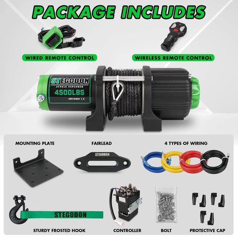 Package contents for 4500 Pound Waterproof Electric Winch For ATV And UTV With Synthetic Rope Wireless Remote