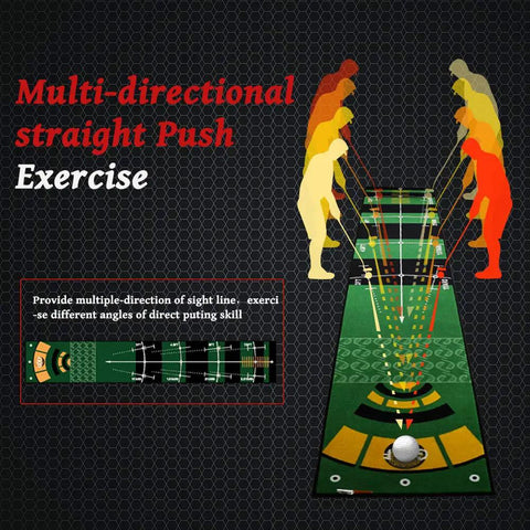 Illustration of Ten Foot By Twenty Inch Golf Putting Green Mat With Multi Distance Markers showing practice angles.