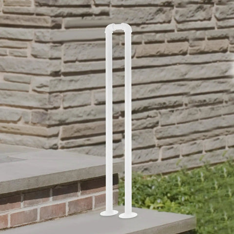 Built Tough U Shaped Stair Handrail Featuring Smooth Powder Coated Metal Body And Spaced Anchor Plates For Heavy Duty Wall Mount Step Guardrails That Never Skimp On Stability, white, on stone steps.