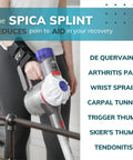Person wearing wrist and thumb spica splint for De Quervain tenosynovitis, holding vacuum cleaner, showing dual hand use, left hand size