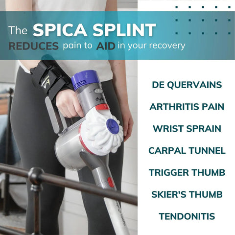 Person wearing wrist and thumb spica splint for De Quervain tenosynovitis, holding vacuum cleaner, showing dual hand use, left hand size