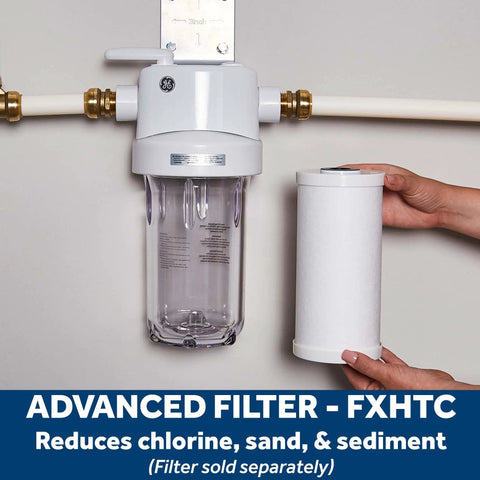 Whole House Water Filtration System Built Tough With Clear Sump, Reduces Sediment, Rust, Dirt And More, with filter in hand