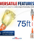Close-up of 75Ft Outdoor Indoor Extension Cord's lighted end, showcasing 12 gauge 3 conductor design, flexible SJTW material.