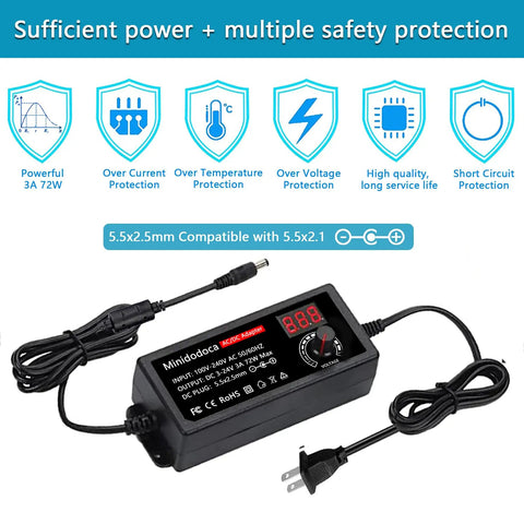 72W Adjustable AC to DC Power Supply Universal Adapter With LED Voltage Display and 16 Tips shown with power cord