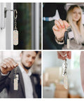 Slick Mini Abstract Rectangle Aluminum Keychain Featuring A Dope Scattered Grid Plated Finish Rust Resistant Metal Key Holder And Bag Charm Daily Accessory For Her And Him hanging on a door and held by people.