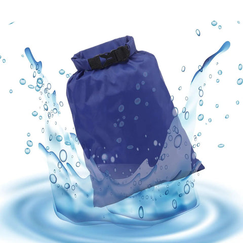 Blue waterproof bag splashing in water, Six Pack Ultralight Dry Bags For Outdoors, Roll Top Waterproof Sacks Made Of Polyester With PU Coating.