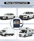 8 Piece Wheel Alignment Tool Kit With Lug Bolts displayed with various vehicles, emphasizing automotive tool compatibility.