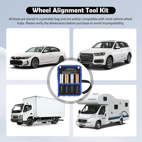 8 Piece Wheel Alignment Tool Kit With Lug Bolts displayed with various vehicles, emphasizing automotive tool compatibility.