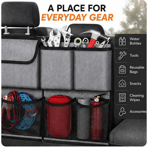 Multi Pocket Rear Seat Bag Optimized For Tesla Cybertruck 2023 Through 2026, storage for tools and everyday gear in sleek gray.