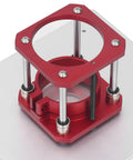 Top Shelf Aluminum Router Lifter With Flip Board for Precision Woodworking showing red aluminum base with mounting holes.