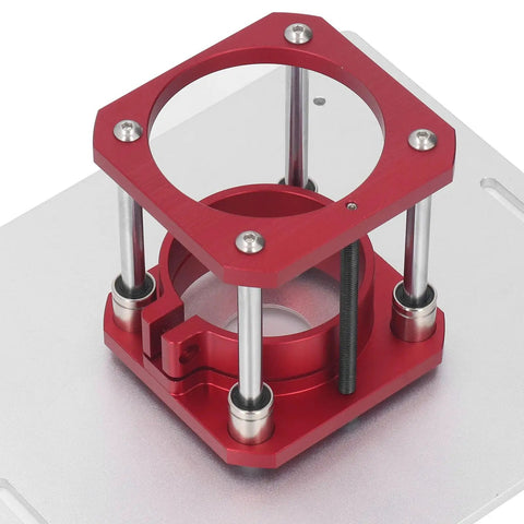 Top Shelf Aluminum Router Lifter With Flip Board for Precision Woodworking showing red aluminum base with mounting holes.