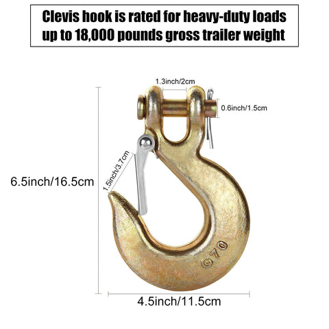 4Pack 3/8 Inch Clevis Slip Hooks With Latch Heavy Duty Forged Steel Safety Hooks For G70 Tow Chains Wrecker Truck, measurements displayed