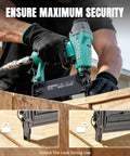 Heavy Duty Pneumatic Brad Nailer 18 Gauge Dead Straight Drive for Fine Trim and Cabinetry in use on wood with visible locking feature.