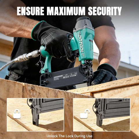 Heavy Duty Pneumatic Brad Nailer 18 Gauge Dead Straight Drive for Fine Trim and Cabinetry in use on wood with visible locking feature.