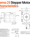 Nema 23 two-phase stepper motor schematic with front and side views, wiring diagram and mounting dimensions.
