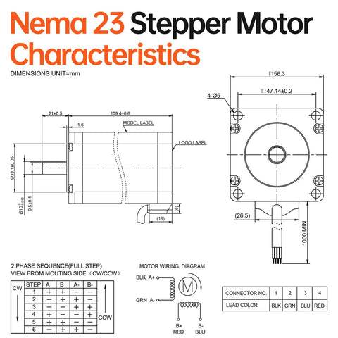 Nema 23 two-phase stepper motor schematic with front and side views, wiring diagram and mounting dimensions.