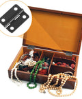 Mini Stainless Steel Hinge Set For Dyb Crafts installed on jewelry box lid, smooth black finish, durable for craft projects.
