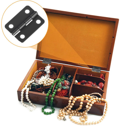 Mini Stainless Steel Hinge Set For Dyb Crafts installed on jewelry box lid, smooth black finish, durable for craft projects.