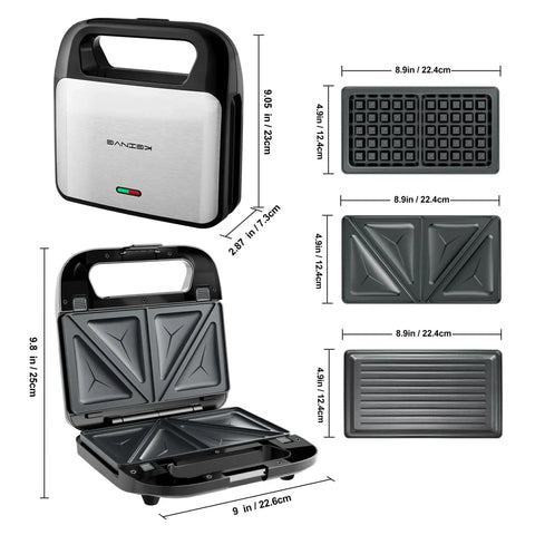 Keinve 3 In 1 Sandwich Maker And Waffle Iron With Removable Non Stick Plates compact design shown from multiple angles.