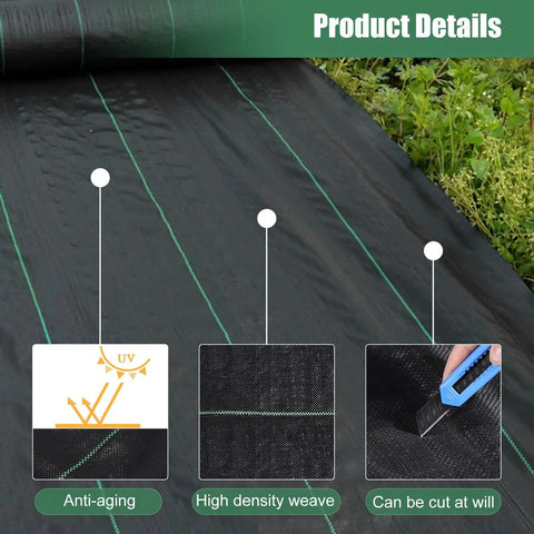 Heavy Duty Garden Weed Barrier Landscape Fabric Ground Cover 4 Pack 100 Ft Rolls With 30 U Shaped Securing Pegs Premium Polypropylene Weed Control Mat for Garden Beds And Pathways showing UV protection, high density weave, and cut ability features