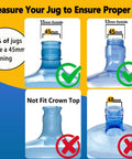 Measurement guide for leakproof water jug cap set for 3 and 5 gallon jugs, showing correct 55mm caps for 45mm openings.
