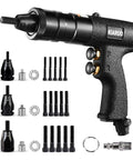 Pneumatic Rivet Nut Gun With Self Locking Head And 3 Mandrels 1/4 5/16 3/8 Industrial Grade Adjustable Speed Pull Rivnut Gun Model LM07 Button Switch For Fast Tool Free Mandrel Swapping And High Efficiency; displayed with mandrels and nuts.